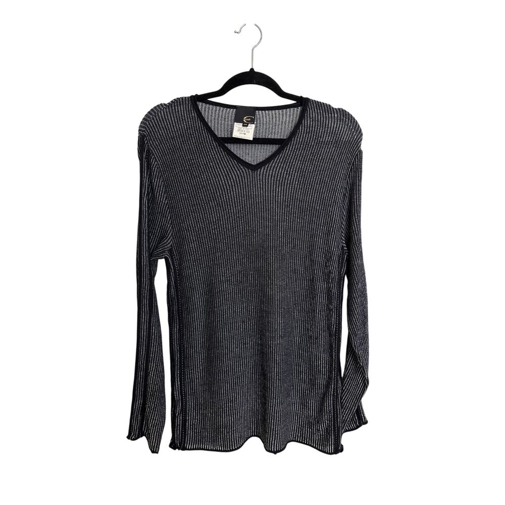 Just Cavalli Top Womens 12 IT48 Striped Ribbed Thin Knit V-Neck Black White